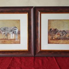 2 Piece Vanessa Jayne Large Wooden And Glass Framed Prints - Lion Family And Zebra Family