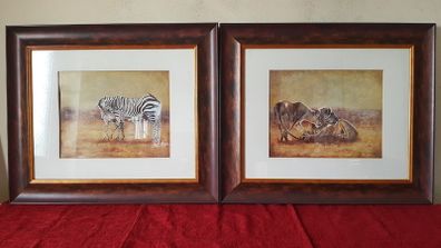 2 Piece Vanessa Jayne Large Wooden And Glass Framed Prints - Lion Family And Zebra Family