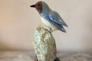 Hand-Carved Blue Chalcedony Songbird on Natural Amazonite Matrix Base