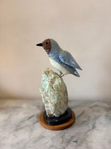 Hand-Carved Blue Chalcedony Songbird on Natural Amazonite Matrix Base