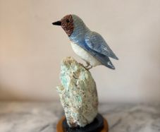 Hand-Carved Blue Chalcedony Songbird on Natural Amazonite Matrix Base
