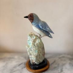 Hand-Carved Blue Chalcedony Songbird on Natural Amazonite Matrix Base