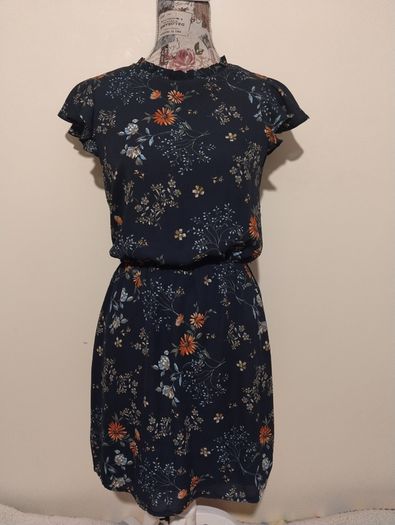 Navy Blue Floral Pocket Dress