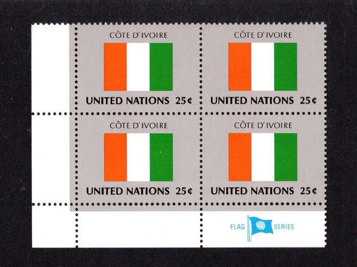 1988 United Nations New York Ivory Coast National Flag (part of flag stamp series) Block of 4 Mint Never Hinged (MNH)