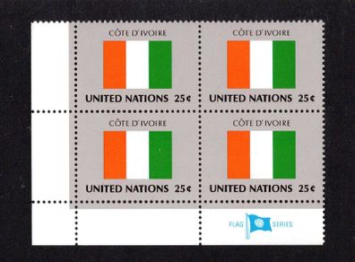 1988 United Nations New York Ivory Coast National Flag (part of flag stamp series) Block of 4 Mint Never Hinged (MNH)