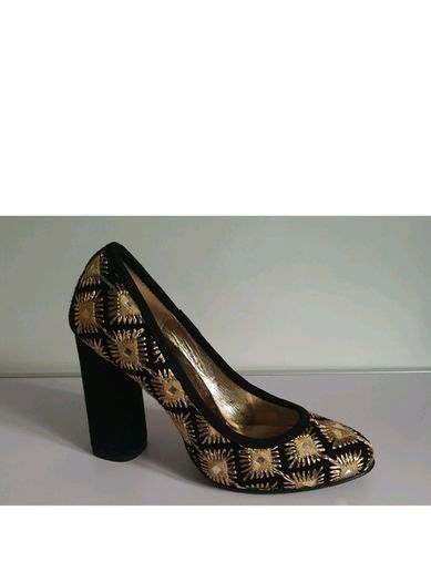 Le Babe Mirror 5019 Black Gold Embroidered Block Heel Court Shoes EU36 BNIB CAN POST