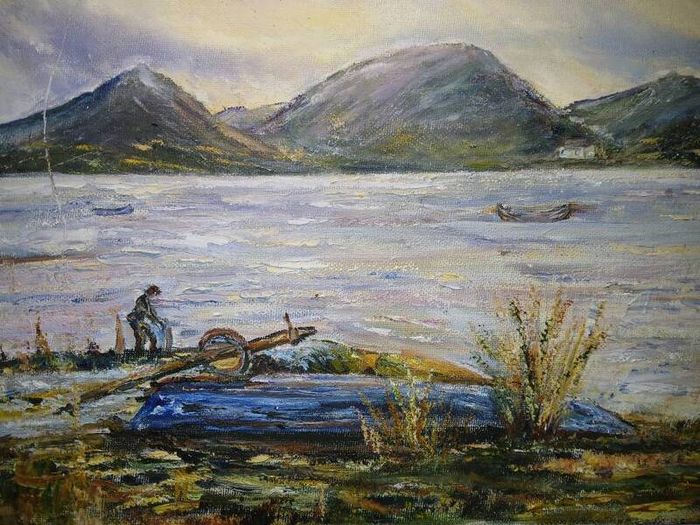 oil on board Rugged coastal or lakeside landscape scene with fisherman unsigned