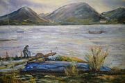 oil on board Rugged coastal or lakeside landscape scene with fisherman unsigned