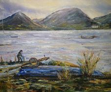 oil on board Rugged coastal or lakeside landscape scene with fisherman unsigned