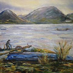 oil on board Rugged coastal or lakeside landscape scene with fisherman unsigned