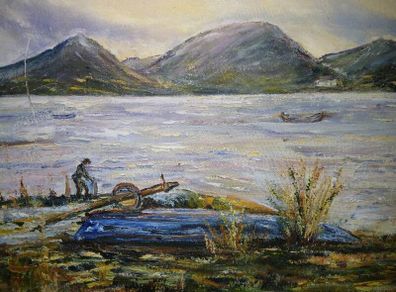 oil on board Rugged coastal or lakeside landscape scene with fisherman unsigned