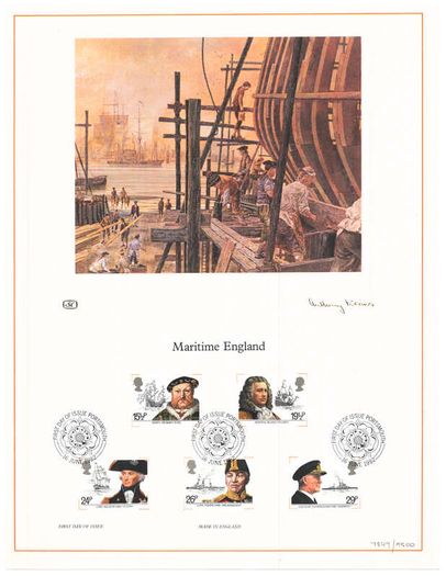 1982 Great Britain Limited Edition Lithographed Print measuring 333mm X 257mm showing Maritime Heritage Commemorative Stamps with First Day of Issue Cancel
