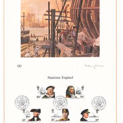 1982 Great Britain Limited Edition Lithographed Print measuring 333mm X 257mm showing Maritime Heritage Commemorative Stamps with First Day of Issue Cancel