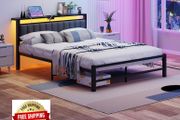 King Size Bed Frame with Storage Headboard, 5ft Upholstered Bed Frame Kingsize with Charging Station and LED Lights/Under Bed Storage/No Box Spring Needed, Dark Gray