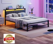 King Size Bed Frame with Storage Headboard, 5ft Upholstered Bed Frame Kingsize with Charging Station and LED Lights/Under Bed Storage/No Box Spring Needed, Dark Gray