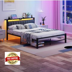 King Size Bed Frame with Storage Headboard, 5ft Upholstered Bed Frame Kingsize with Charging Station and LED Lights/Under Bed Storage/No Box Spring Needed, Dark Gray