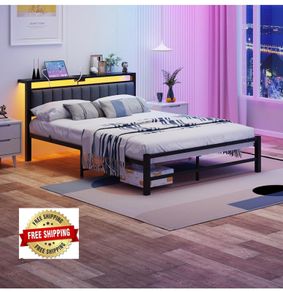 King Size Bed Frame with Storage Headboard, 5ft Upholstered Bed Frame Kingsize with Charging Station and LED Lights/Under Bed Storage/No Box Spring Needed, Dark Gray