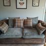 Chesterfield couch & 2 single chairs in brown leather and sage green cushions. Perfect condition,  non smokers, no house pets.  Couch Width 7ft, Depth 4ft. Chairs Width 3ft2ins, Depth 3ft Image 4