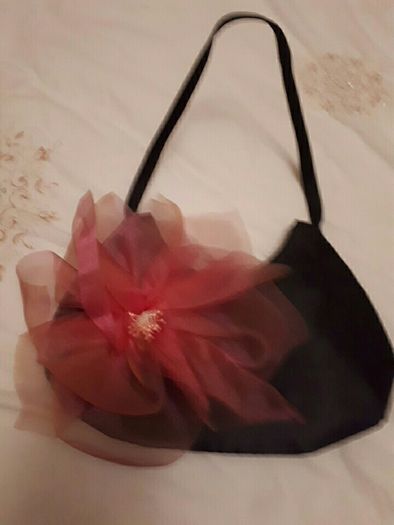 Brand new black satin bag with pink flower