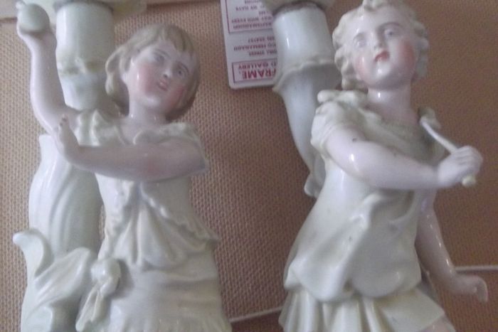 2 antique candle holder  figurine of tennis players date 1890