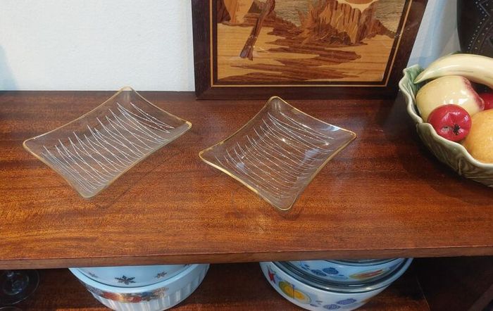 intage Retro Mid Century Modern Atomic Design Chance Brothers Fiestaware Set of Two Small Rectangular Dishes with Gilt Edging in the Very Rare Night Sky Pattern from 1957