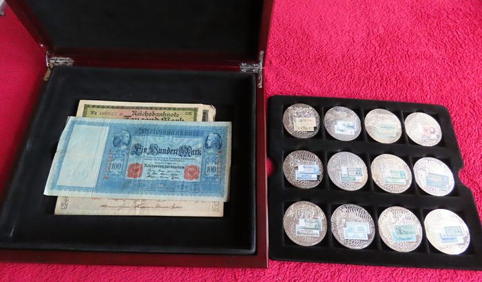 Antique German banknotes & commemorative bank note coins in wood case