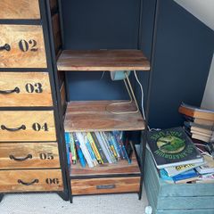 Oak and black metal frame bookshelf
