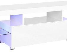 TV table for TVs up to 60 inches, large TV cabinet, TV cabinet, TV shelf with LED lighting, lowboard, living room, 140 x 35 x 45 cm, modern, glossy, white