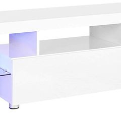 TV table for TVs up to 60 inches, large TV cabinet, TV cabinet, TV shelf with LED lighting, lowboard, living room, 140 x 35 x 45 cm, modern, glossy, white