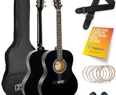 Full Size 4/4 Acoustic Guitar Steel String Pack Bundle for Beginners - 6 Months FREE Lessons, Bag, Picks and Spare Strings - Black