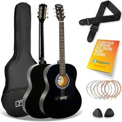 Full Size 4/4 Acoustic Guitar Steel String Pack Bundle for Beginners - 6 Months FREE Lessons, Bag, Picks and Spare Strings - Black