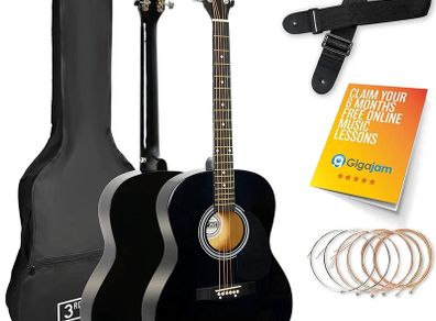 Full Size 4/4 Acoustic Guitar Steel String Pack Bundle for Beginners - 6 Months FREE Lessons, Bag, Picks and Spare Strings - Black