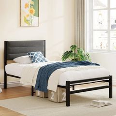 Single Bed Frame with Storage, 3ft Upholstered Bed Frame,Dark Grey Platform Bed,No Box Spring Needed,Mattress Foundation,Strong Steel Slat Support,Under Bed Storage,Easy Assembly