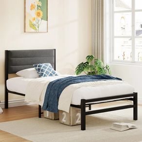 Single Bed Frame with Storage, 3ft Upholstered Bed Frame,Dark Grey Platform Bed,No Box Spring Needed,Mattress Foundation,Strong Steel Slat Support,Under Bed Storage,Easy Assembly