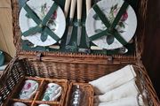 Vintage Optima wicker picnic basket with Roy Kirkham plates and mugs