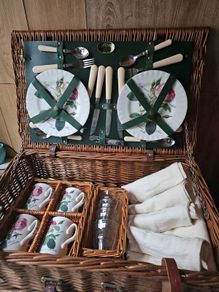 Vintage Optima wicker picnic basket with Roy Kirkham plates and mugs