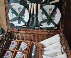 Vintage Optima wicker picnic basket with Roy Kirkham plates and mugs