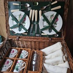 Vintage Optima wicker picnic basket with Roy Kirkham plates and mugs