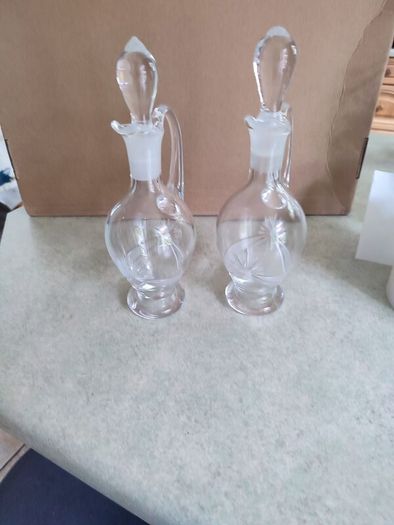 Vintage Hand Blown Cut Glass Set of 2 Small Glass Decanters for Oil and Vinegar or wine carafe.