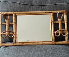 Vintage 1960s Mid Century Modern Italian Bamboo and Rattan Wall Mirror with coat rack, maybe 70s