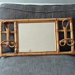Vintage 1960s Mid Century Modern Italian Bamboo and Rattan Wall Mirror with coat rack, maybe 70s