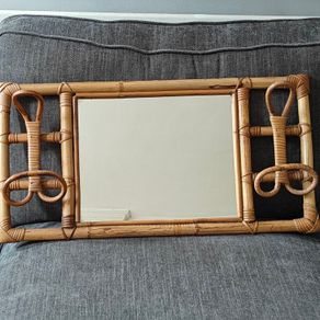 Vintage 1960s Mid Century Modern Italian Bamboo and Rattan Wall Mirror with coat rack, maybe 70s