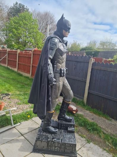 Life size statue of Robert Pattinson as Batman as seen in the 2022 hit movie