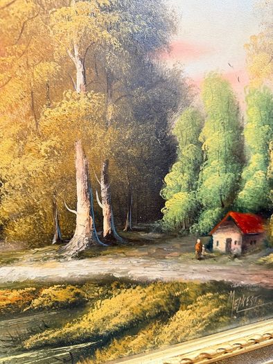 Scenic Forest & Lakeside Landscape Statement Framed Oil Painting