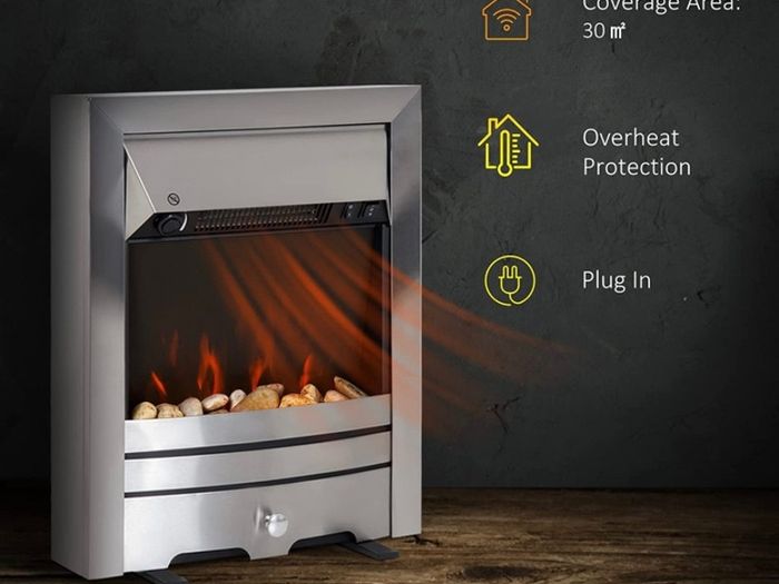 2KW Stainless Steel Electric Fireplace Pebble Burning Effect Heater Fire Flame Indoor Stove LED Lighting (FREE POSTAGE)