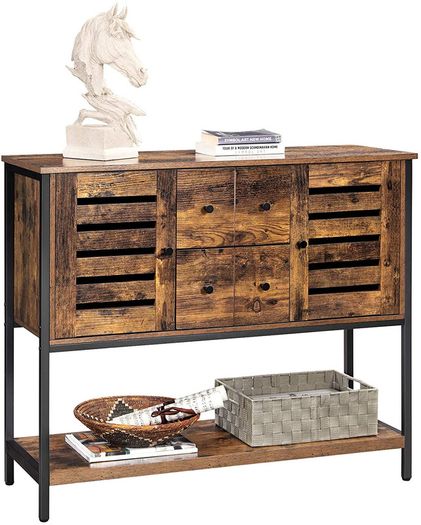 _Sideboard, cabinet with 2 drawers and doors, 1 shelf, for dining room, living room, kitchen, 100 x 35 x 84.5 cm, industrial design, vintage brown-black