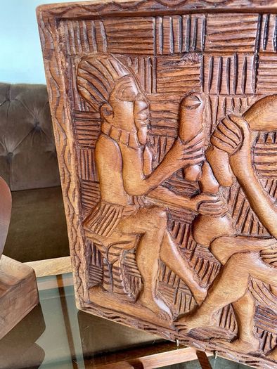 Vintage Hand Carved Deep Relief Large Wooden Wall Art Panel Tribal Village Scene Story Board