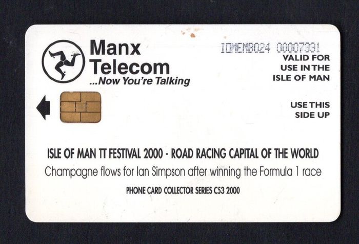 2001 Isle of Man 33 unit / GB3 Isle of Man TT Festival 2000 - Road Racing Capital of the World. Champagne flows for Ian Simpson after winning the Formula 1 race. ((Siemens - S30 (Module 34))) Phone Card
