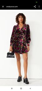 & Other Stories Black velvet floral wrap dress.
