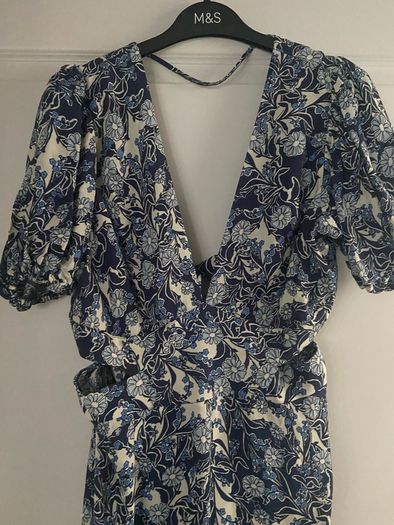 MIDI dress Puff sleeve blue flowerpeint Reiss size 14 Brand New